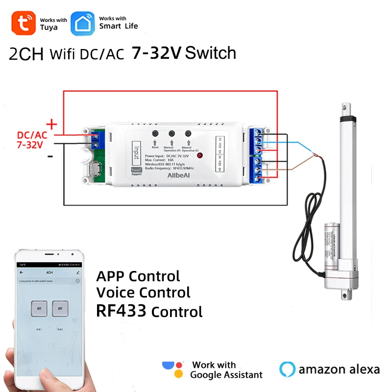 Tuya Smart Wifi Electric Linear Actuator Motor Controller,DC AC 12V 24V 32V 2 Channel Switch,RF433