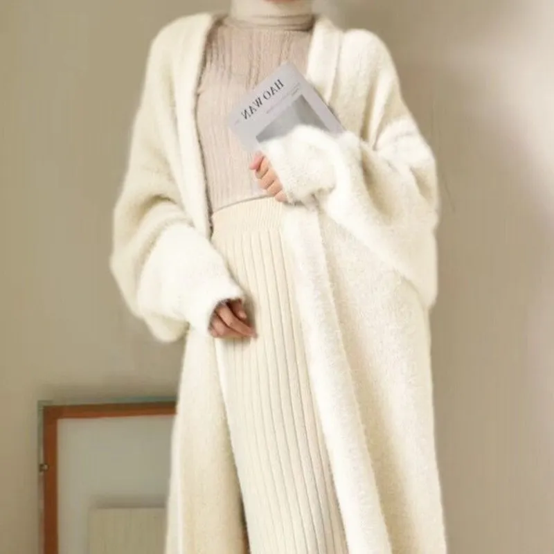 white Long Cardigan for women 2024 new winter clothes Knitted fluffy long sleeve Cashmere sweater