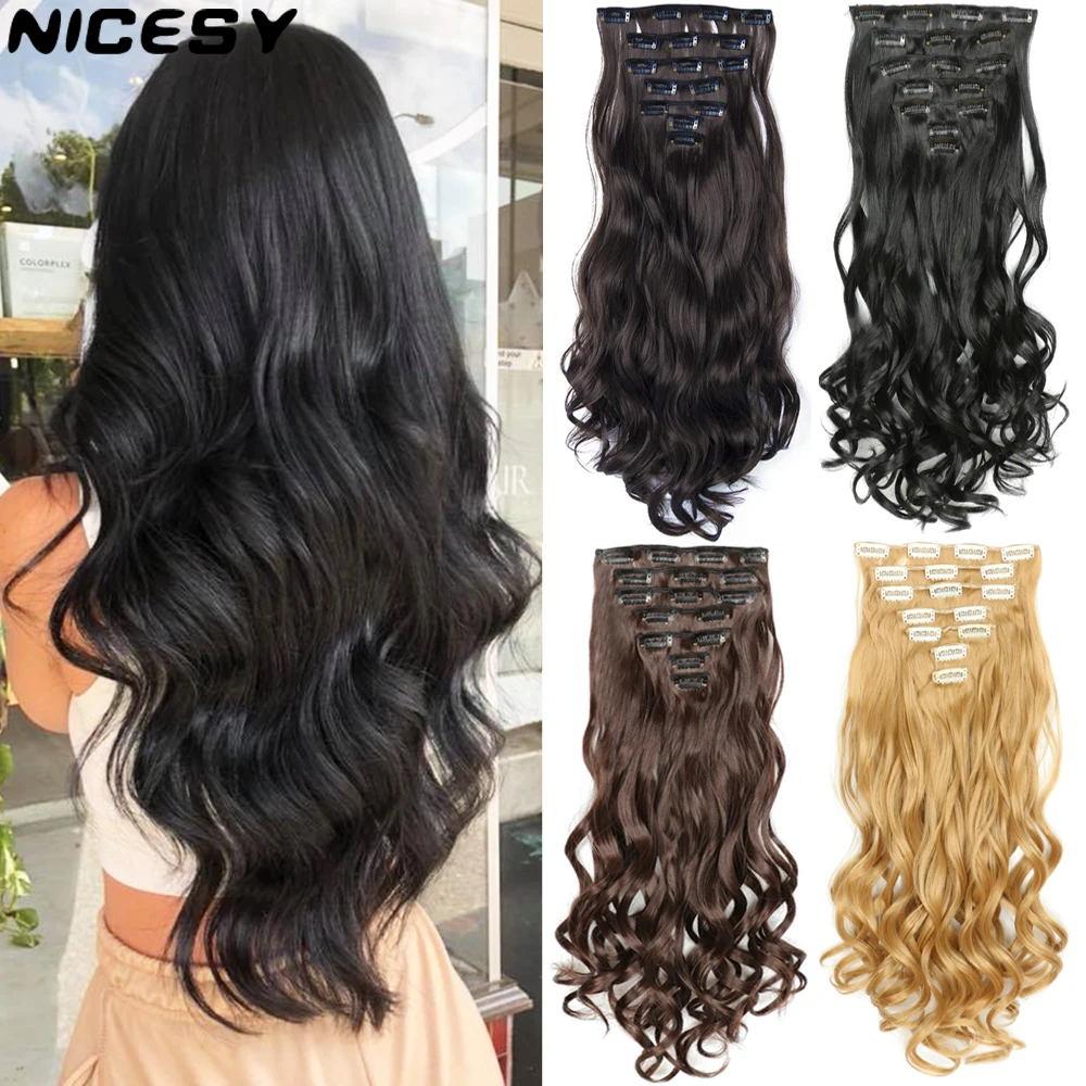 NICESY 16Clips Synthetic 24Inch Long Curly Hair Hairpiece Heat Resistant Hair Extension Clips In
