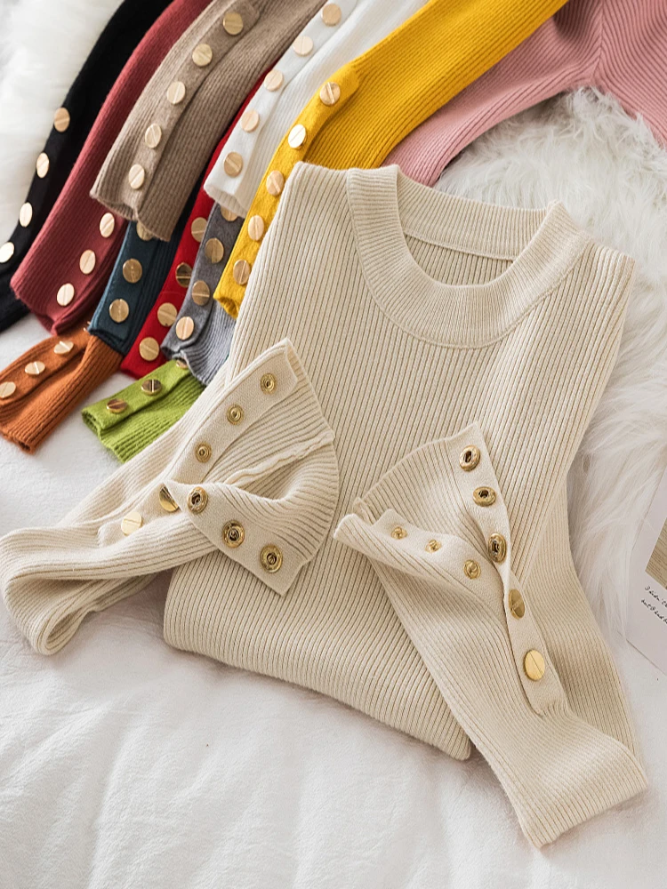 2024 women thick sweater pullovers khaki casual autumn winter button o-neck chic sweater female slim
