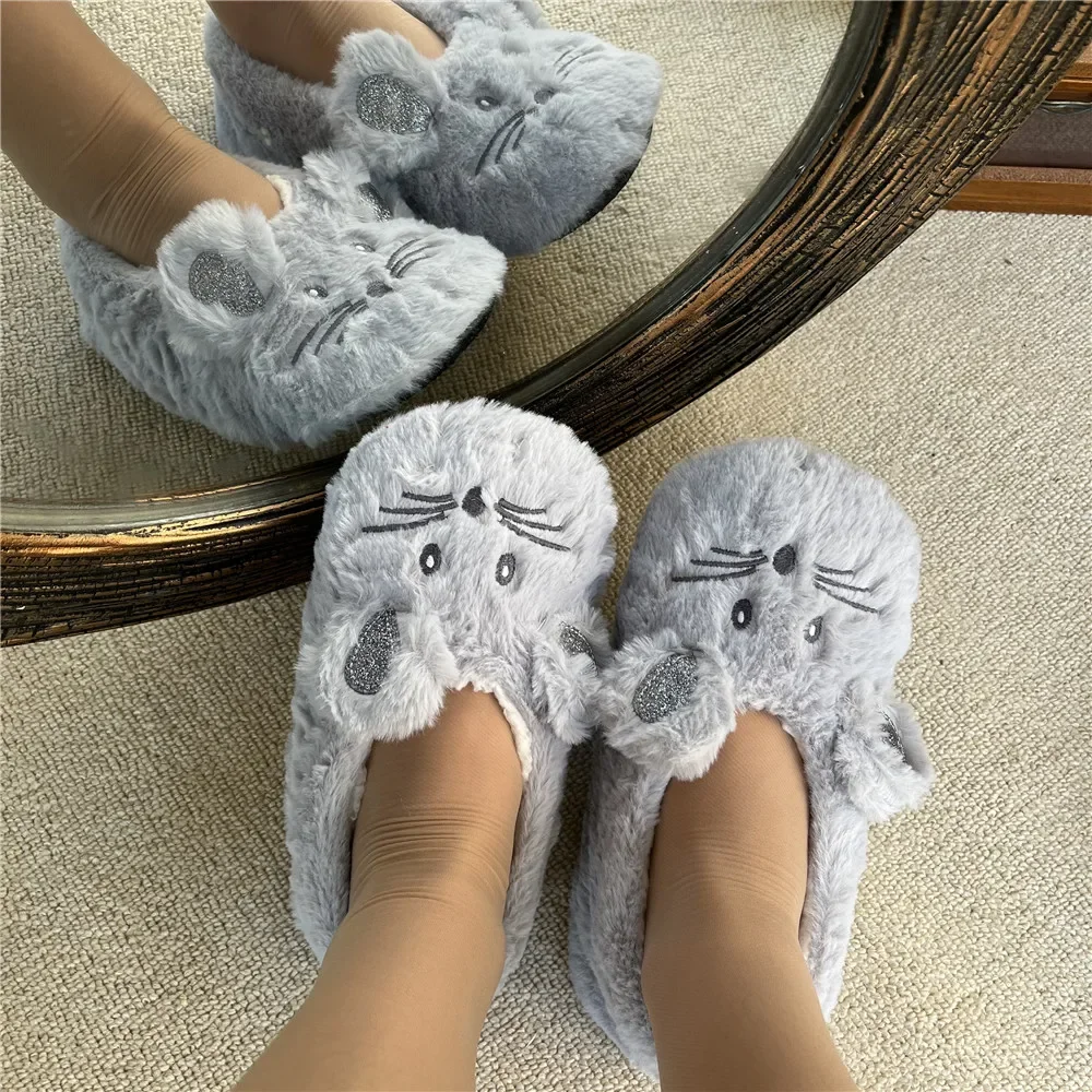 Home Fuzzy Slipper Women Winter Fur Contton Warm Plush Non Slip Grip Indoor Fluffy Lazy Female Mouse
