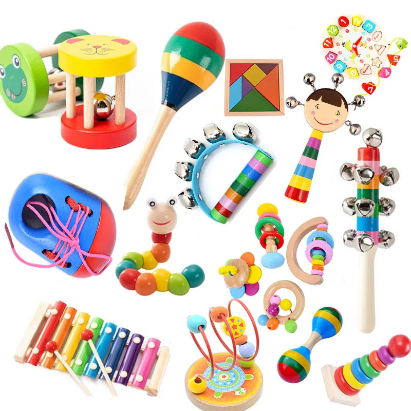 Montessori Wooden Baby Shaker Hand Bell Baby Rattles Toy Newborn Educational Musical Rattle Toys For