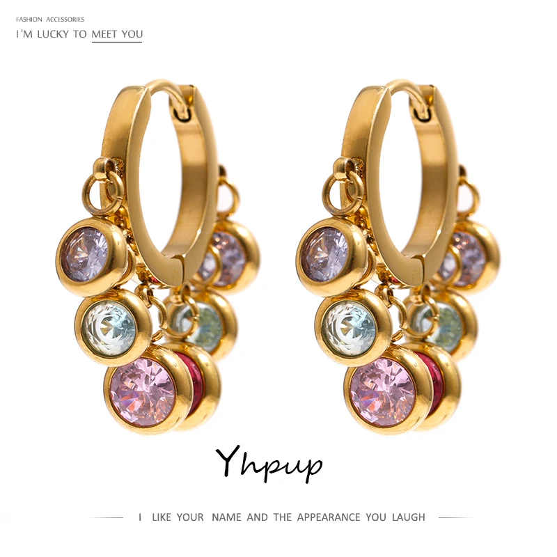 Yhpup Stainless Steel Colorful Cubic Zirconia Hoop Earrings for Women Exquisite Fashion Metal