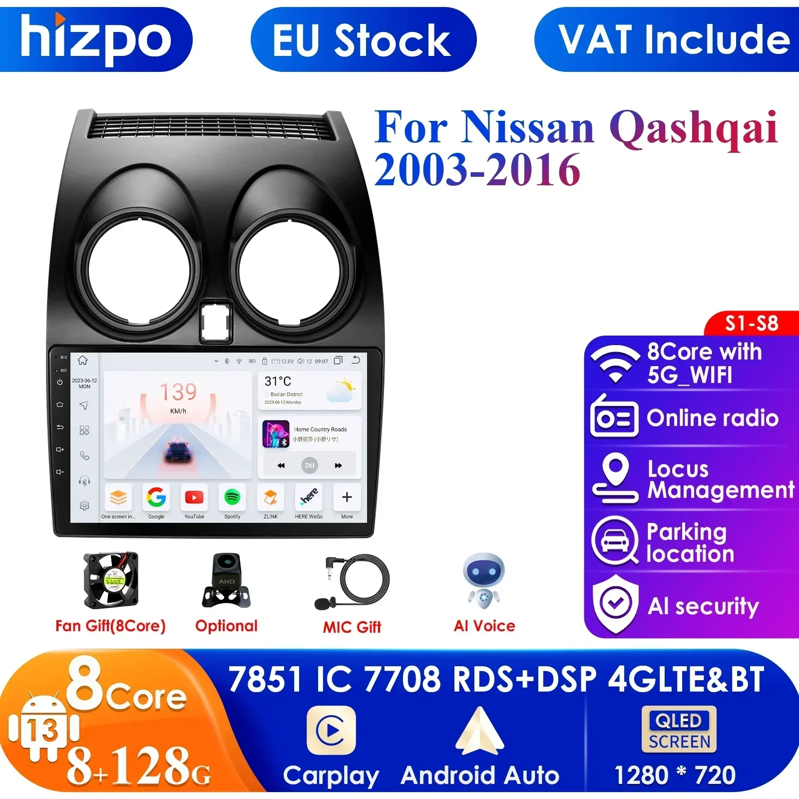 Hizpo 8G + 128 AI Stimme Auto Radio Android Auto Multimedia Für Nissan Qashqai J10 2006 2007