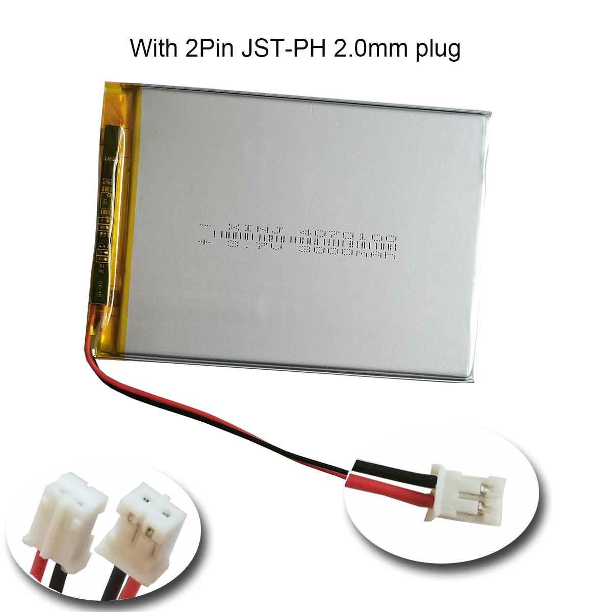 Bateria recarregável de polímero Li 4070100, 3.7V, 3000mAh, 11.1Wh, 4mm de espessura, JST, 2pin,