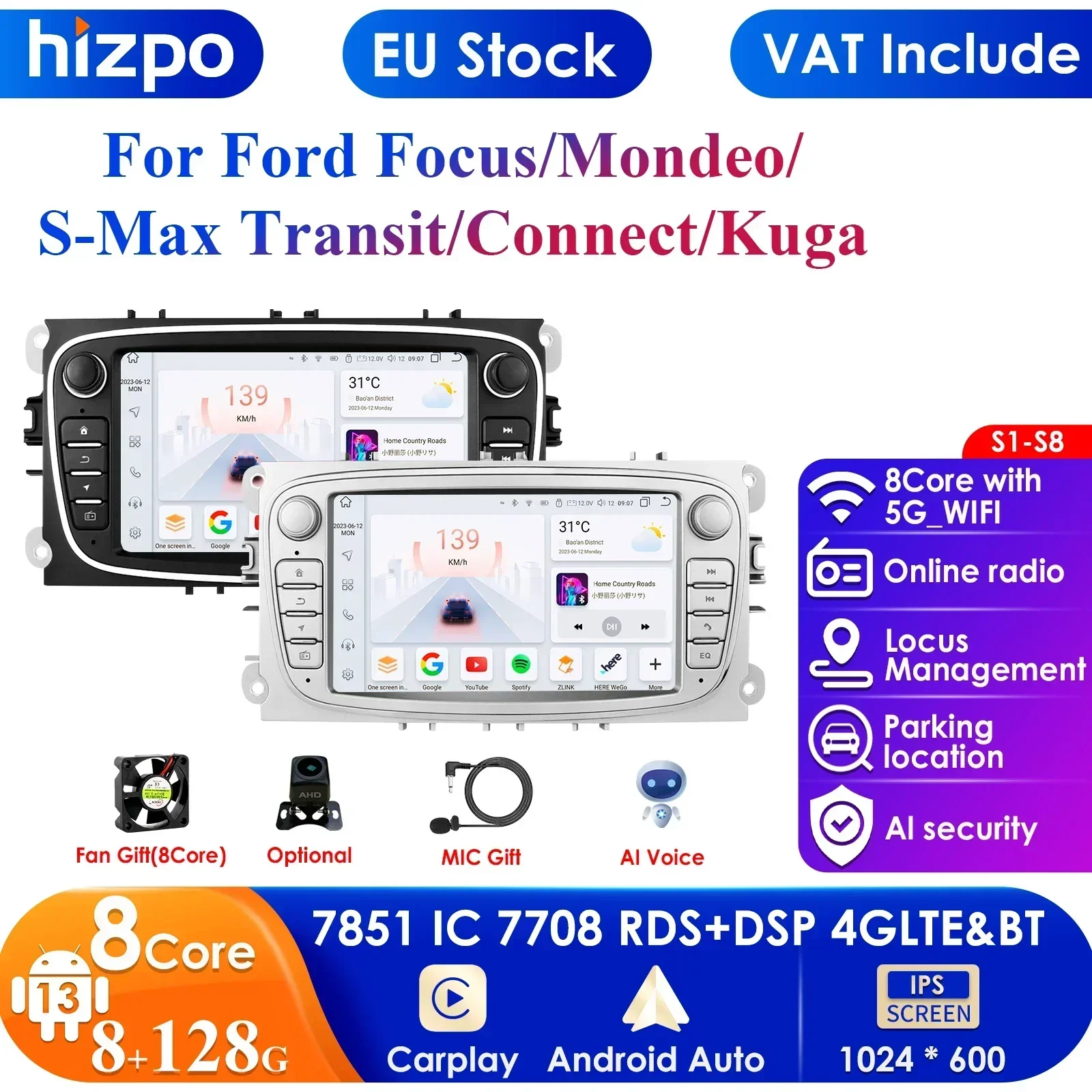 7 Zoll 4G Autoradio Multimedia Video Player für Ford Focus S-Max Mondeo 9 Galaxy C-Max Navigation
