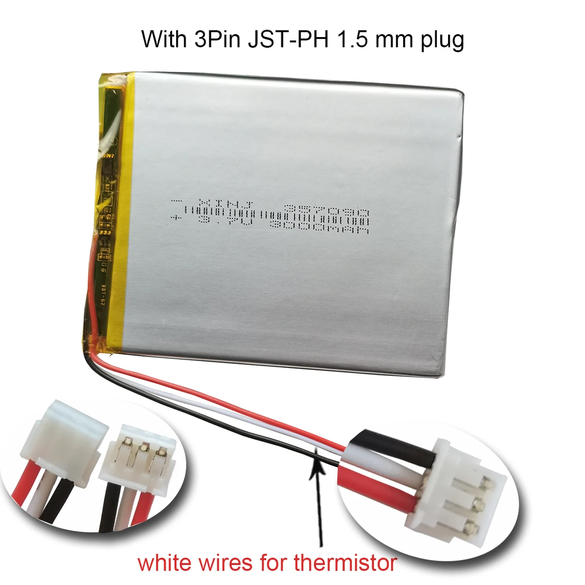 Recarregável 3 Fios Termistor Polímero Li Lipo Bateria, 357090 JST, 3Pin, 1.5mm Conector, GPS,