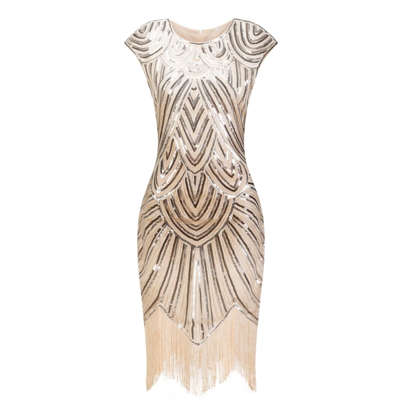 1920S Flapper Jurk Great Gatsby Jurk O-hals Cap Sleeve Sequin Fringe Party Midi Dress Vestido Zomer
