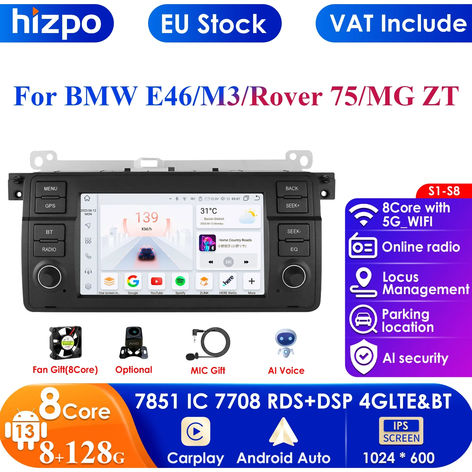Carplay Android 12 2Din 3 GB RAM 32 GB ROM AutoRadio Multimedia Video Player für BMW 3er E46 M3