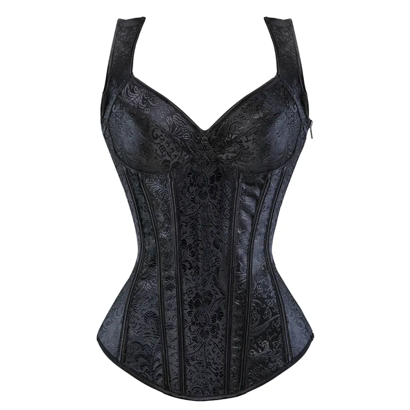 Women Corset with Straps Black Overbust Corset Plus Size Floral Jacquard Corset Zipper Top Gothic