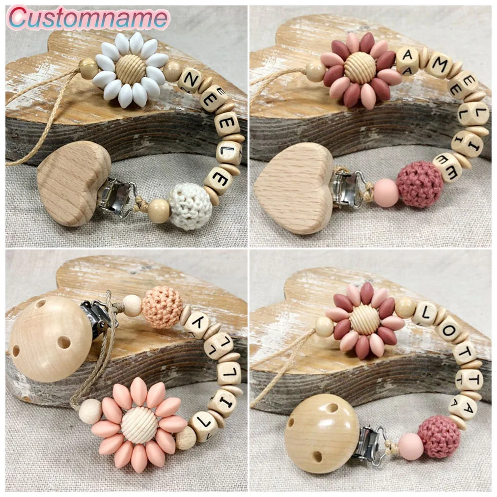 Custom Name Silicone Beads Wooden Ring Pacifier Clips Safe Teething Chains Baby Teether Eco-friendly
