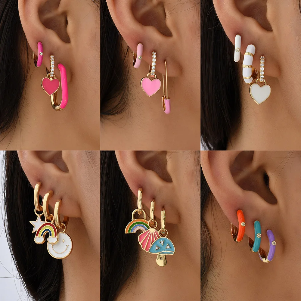 Boho Multicolor Round Piercing Huggie Earrings Set for Women Girls Cute Heart Star  Pendant Hoop