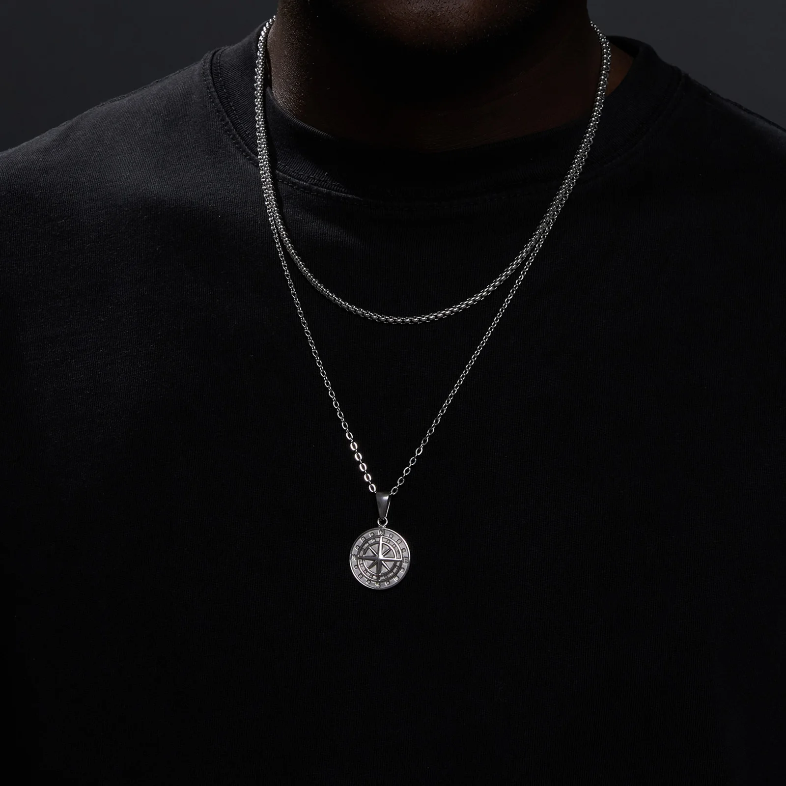Vnox Layered Necklaces for Men  Sailing Travel Compass Pendant  Stainless Steel Cuban Figaro Wheat