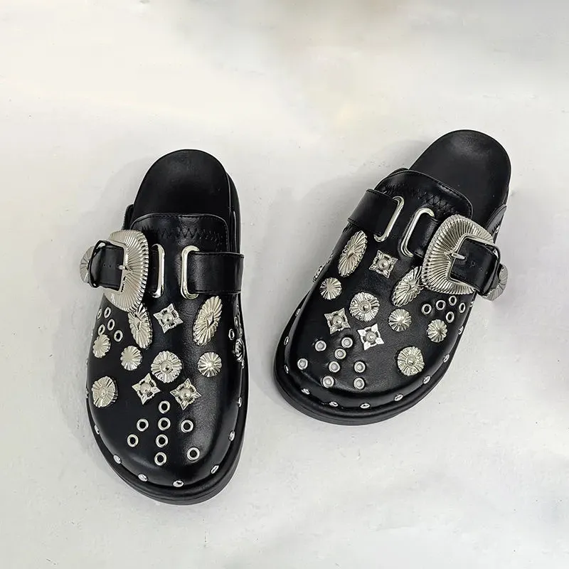 Summer Women Slippers Platform Rivets Punk Rock Leather Mules Creative Metal Fittings Casual Party