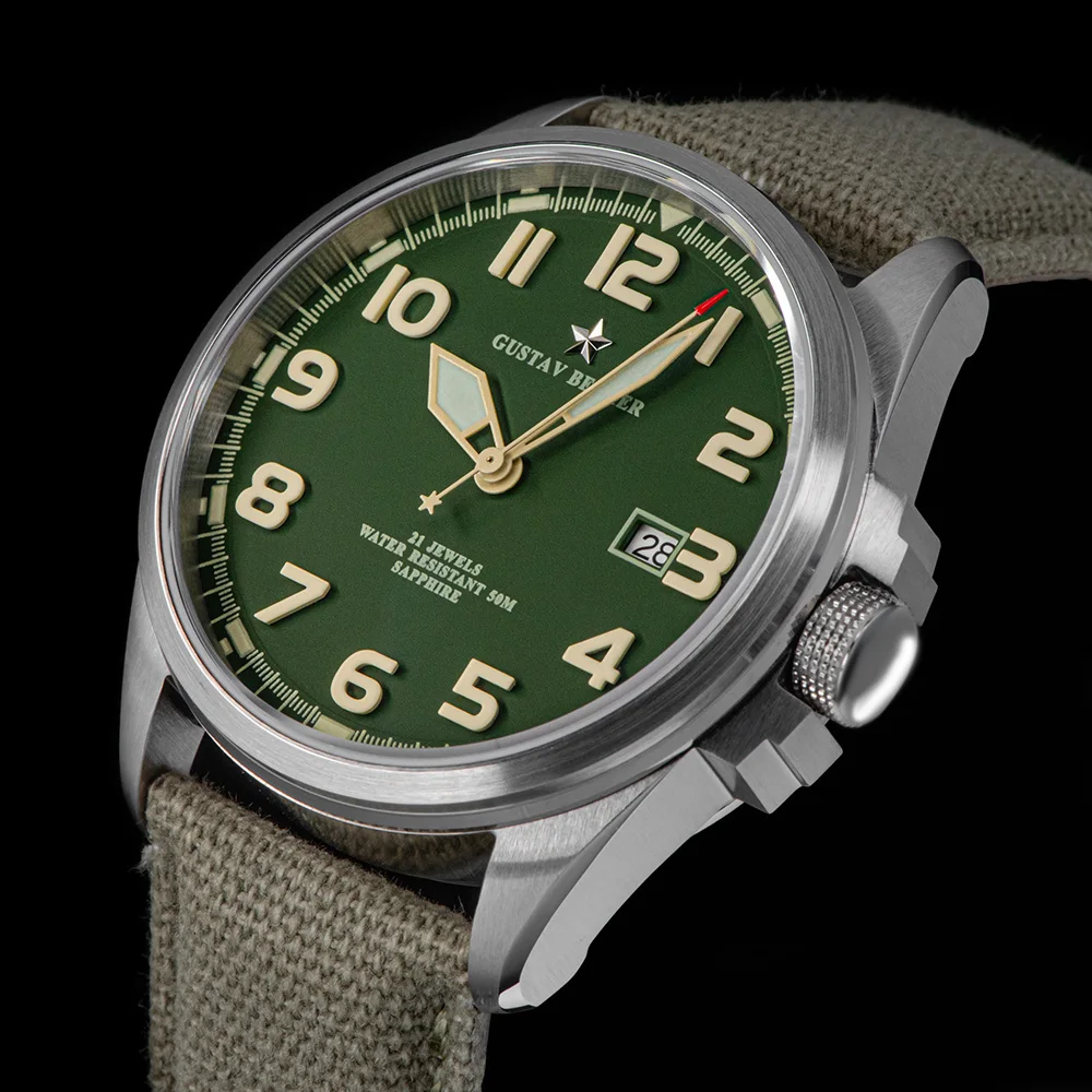 GB Men's Military Watch Super Luminous Automatic Mechanical Wristwatch NH35 Amry Calendar 43mm Case