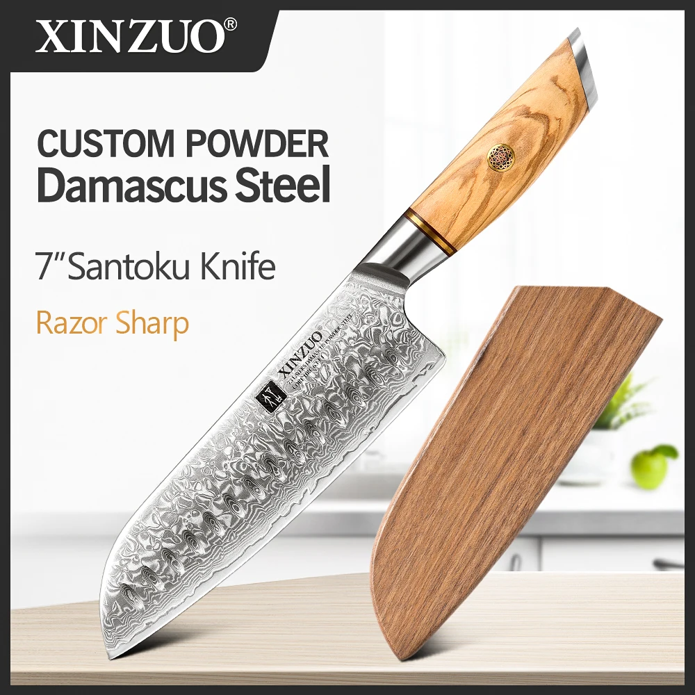 XINZUO 7'' in Santoku Messer Pulver Stahl Core 73 Schichten Damaskus Edelstahl Olive Holz Griff mit