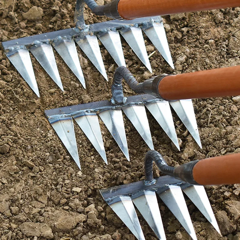 Gardening Hoe Weeding Rake Steel Farm Tool Grasping Raking Level Loosen Soil Harrow Clean Leaves