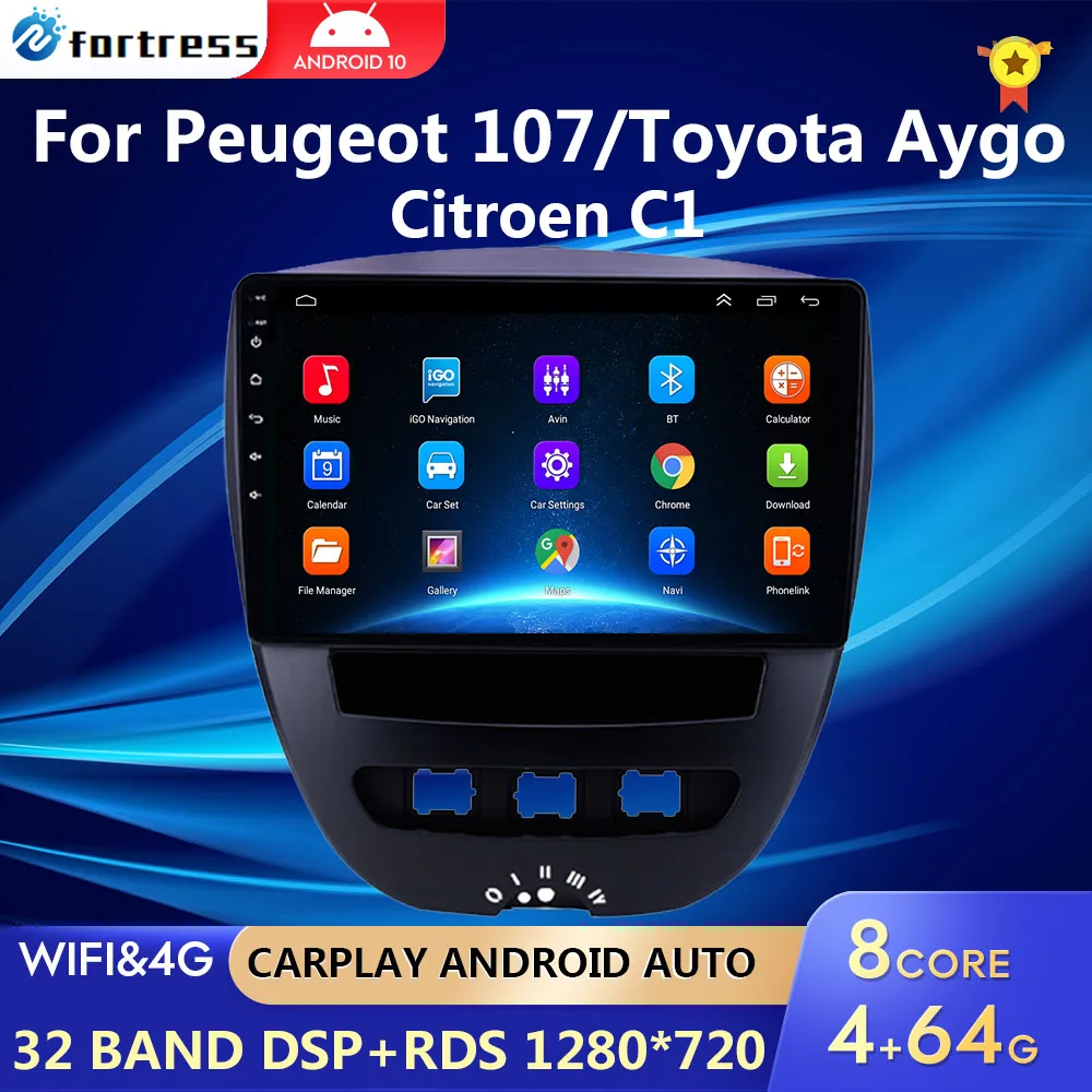 Android 10 2 Din Car Multimedia Player For Peugeot 107 Toyota Aygo Citroen C1 2005-2014 Head Unit