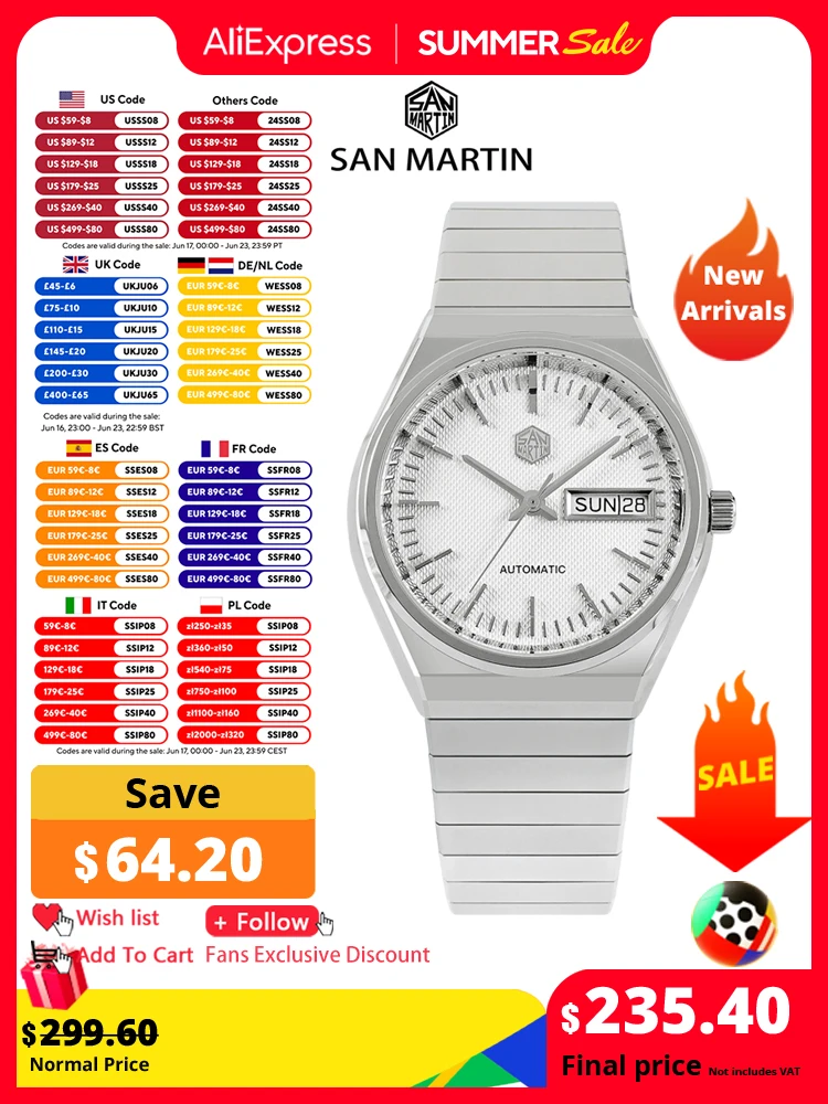 San Martin New Men Dress Watch 37mm Luxury Fashion Seagull ST2100 Automatic Mechanical Sports