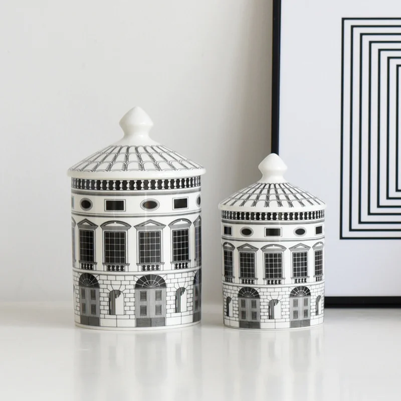 Black and White Building Storage Jars Candy Box Delicate Desktop Jewelry Cosmetic Storage Jar Cotton