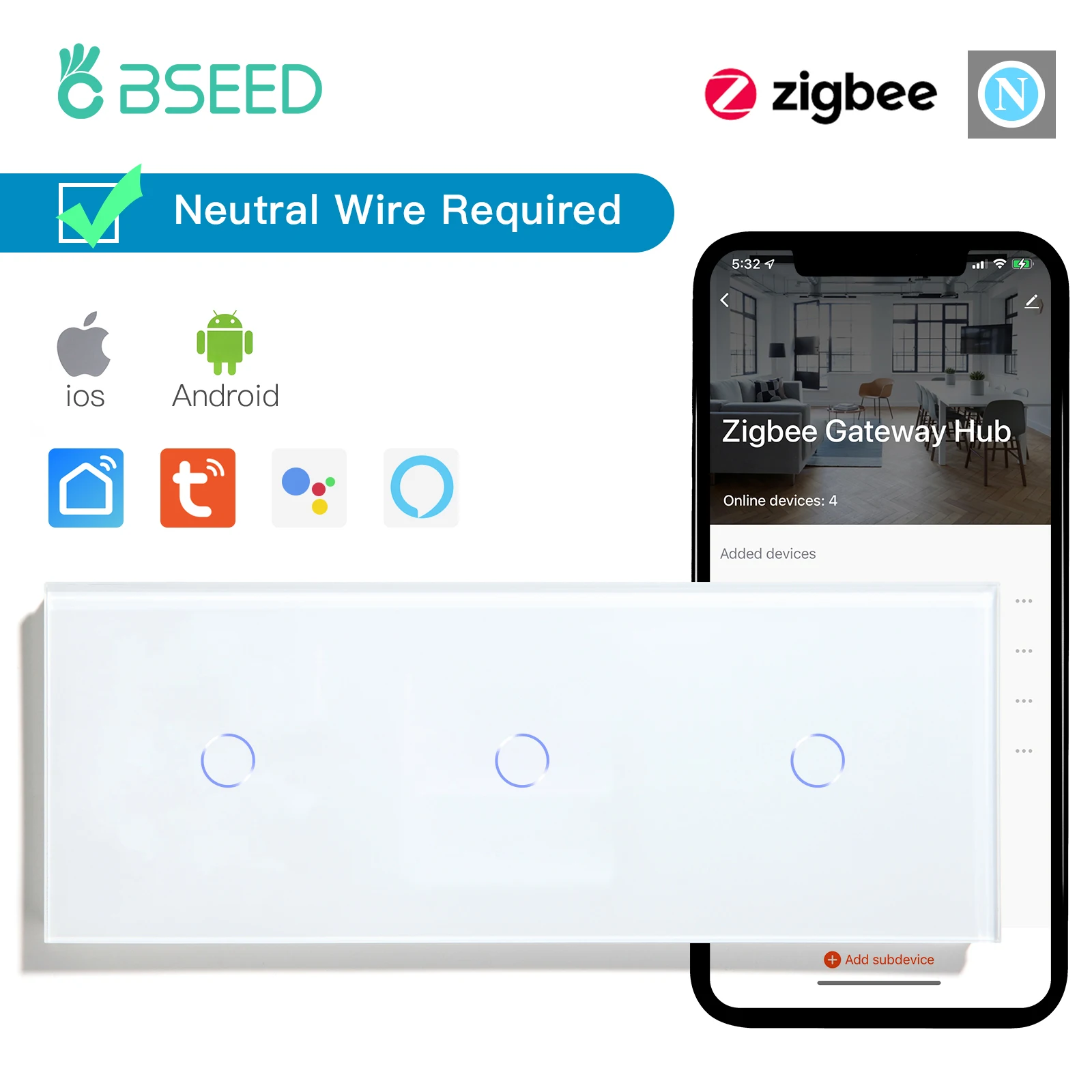 BSEED Zigbee Licht Schalter Triple 1/2/3Gang Smart-Wand Schalter Wand Touch Schalter ZigBee Smart