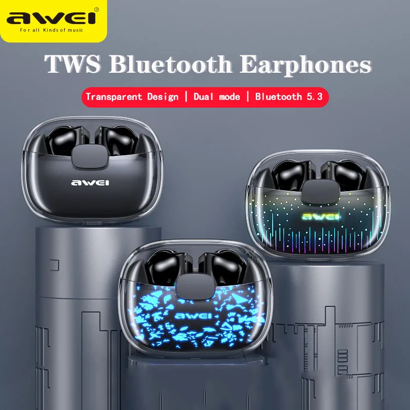 Awei T52pro Bluetooth 5.3 Fones de ouvido sem fio Fones de ouvido coloridos com luz de respiração