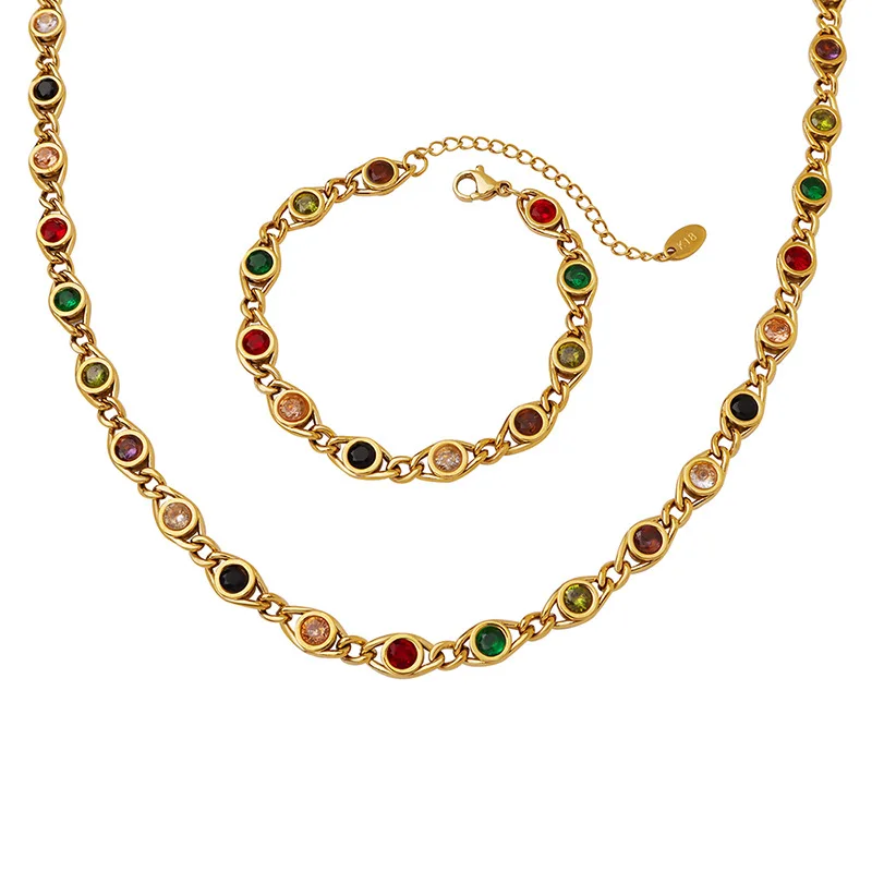 Colorful Zircon Necklace Bracelet Women Set Fashion Non Tarnish Chain Designer Jewelry  Copper Gold