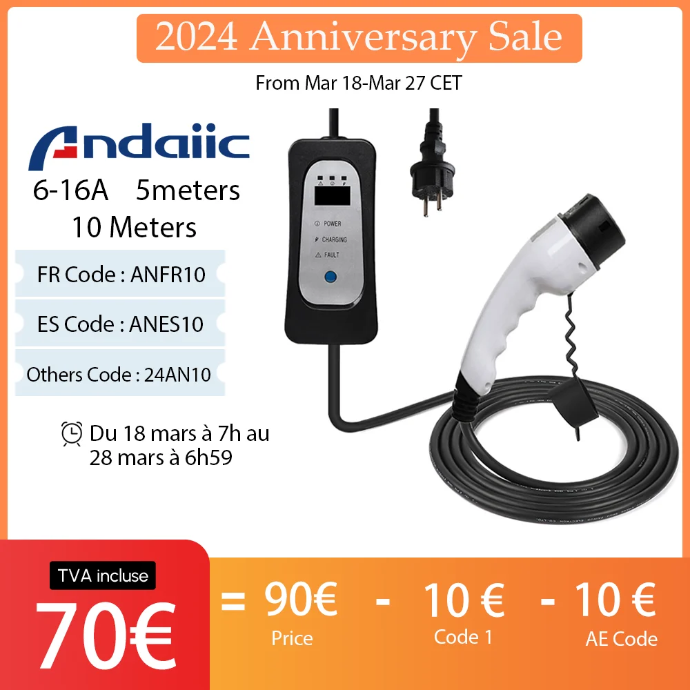 Carregador EV ajustável para carro elétrico, carregador EV atual, tipo 1, tipo 2, modo 2, nível 2,
