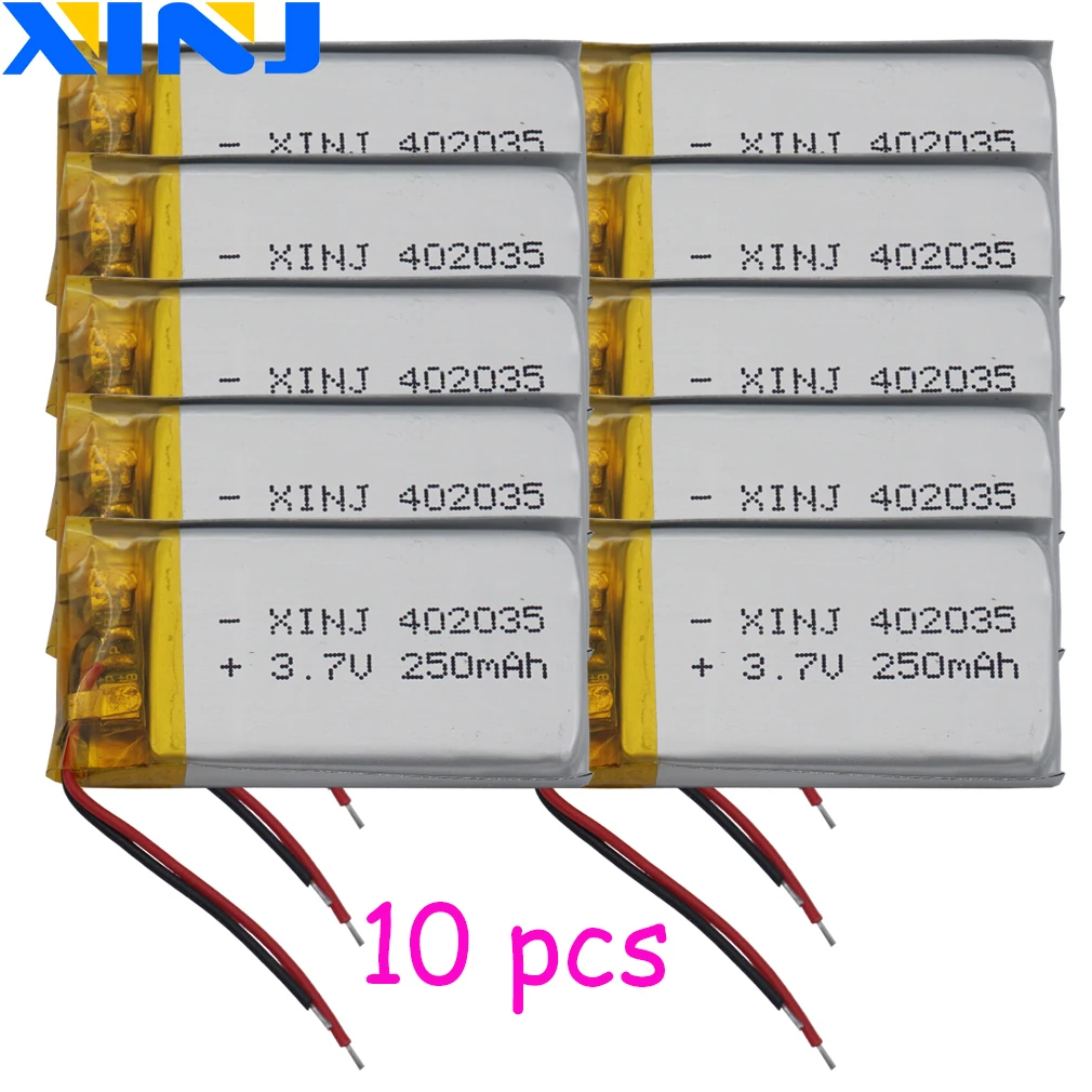 10 pces 3.7v 250 mah 402035 polímero li lipo bateria pilha de lítio para mp3 3d óculos fones de