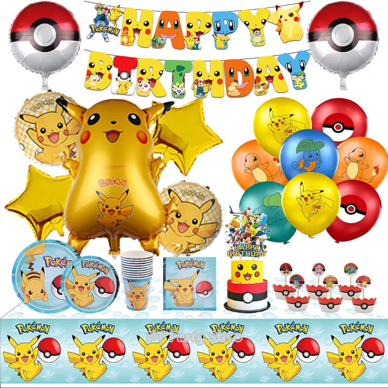 Pokemon Birthday Party Decorations Pikachu Foil Balloons Disposable Tableware Plate Napkin Backdrop