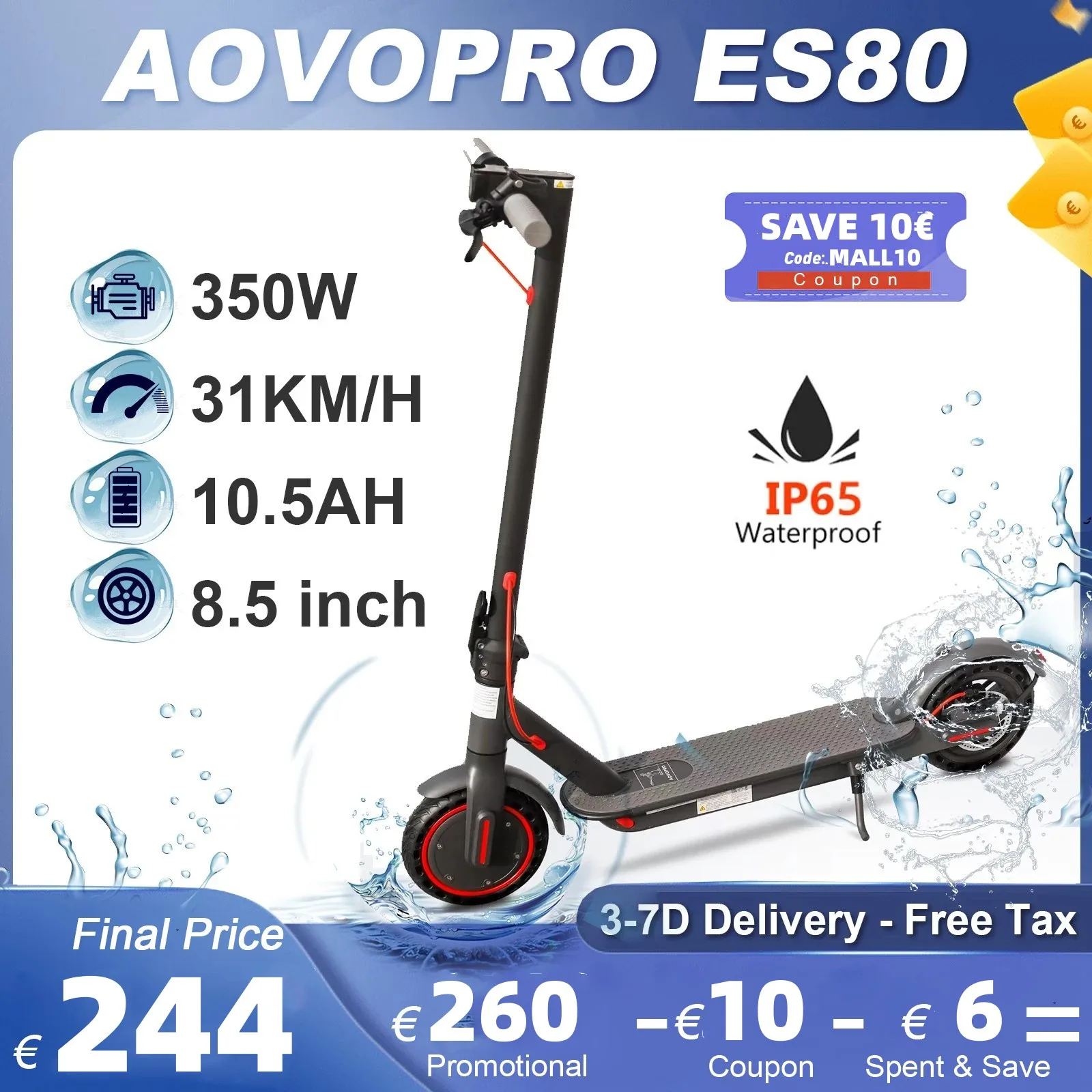 AOVOPRO ES80 350W Elektrische Roller 31KM/H 10,5 AH Erwachsene Escooter 8,5 Zoll Off Road APP Smart