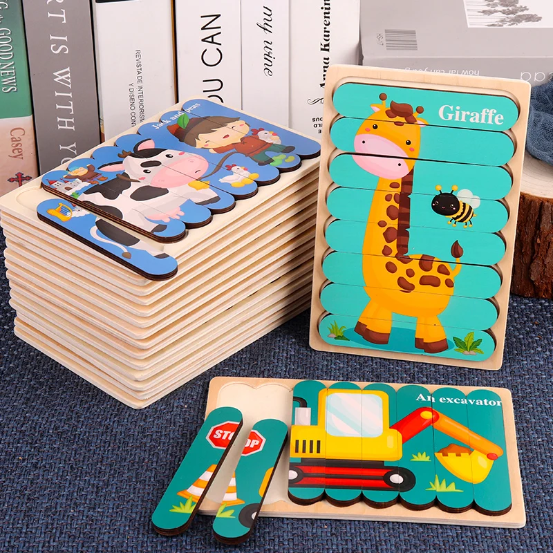 Baby Houten Montessori Puzzel Kind Spel Houten Puzzel 3D Cartoon Dierenpuzzel Baby Speelgoed Puzzels