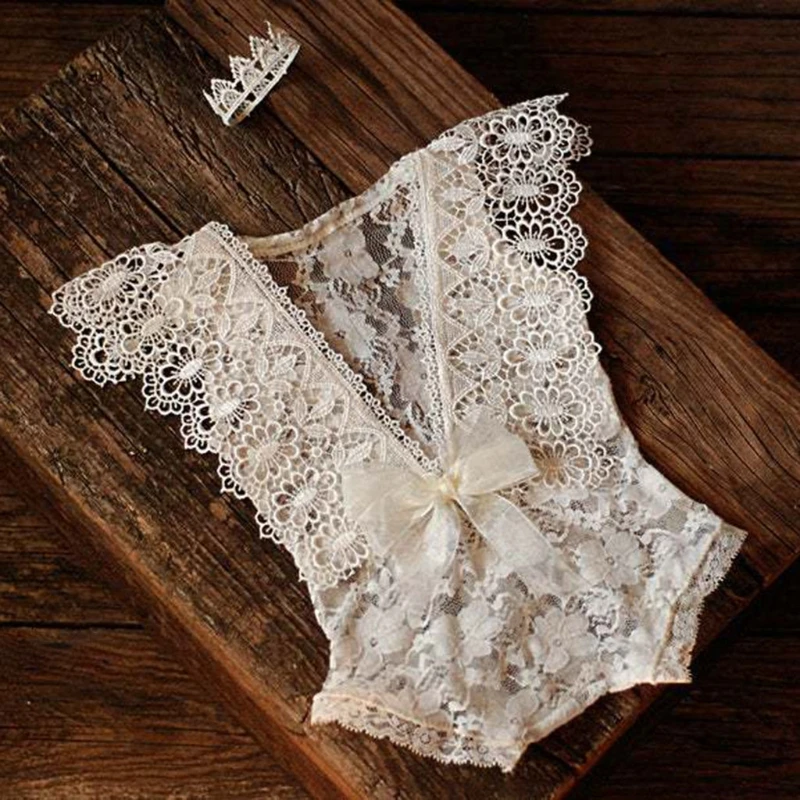 2 Stuks 0-1 Maand Pasgeboren Fotografie Rekwisieten Baby Hoofdband Kant Romper Bodysuits Outfit