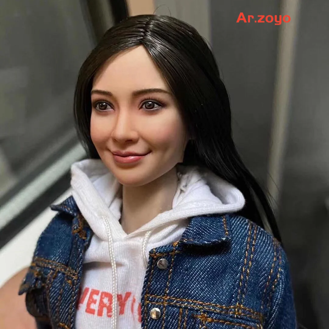 1/6 Vrouwelijke Angelababy Head Sculpt FX10 Zwart Lang Haar Hoofd Carving Model Fit 12 ''Soldaat