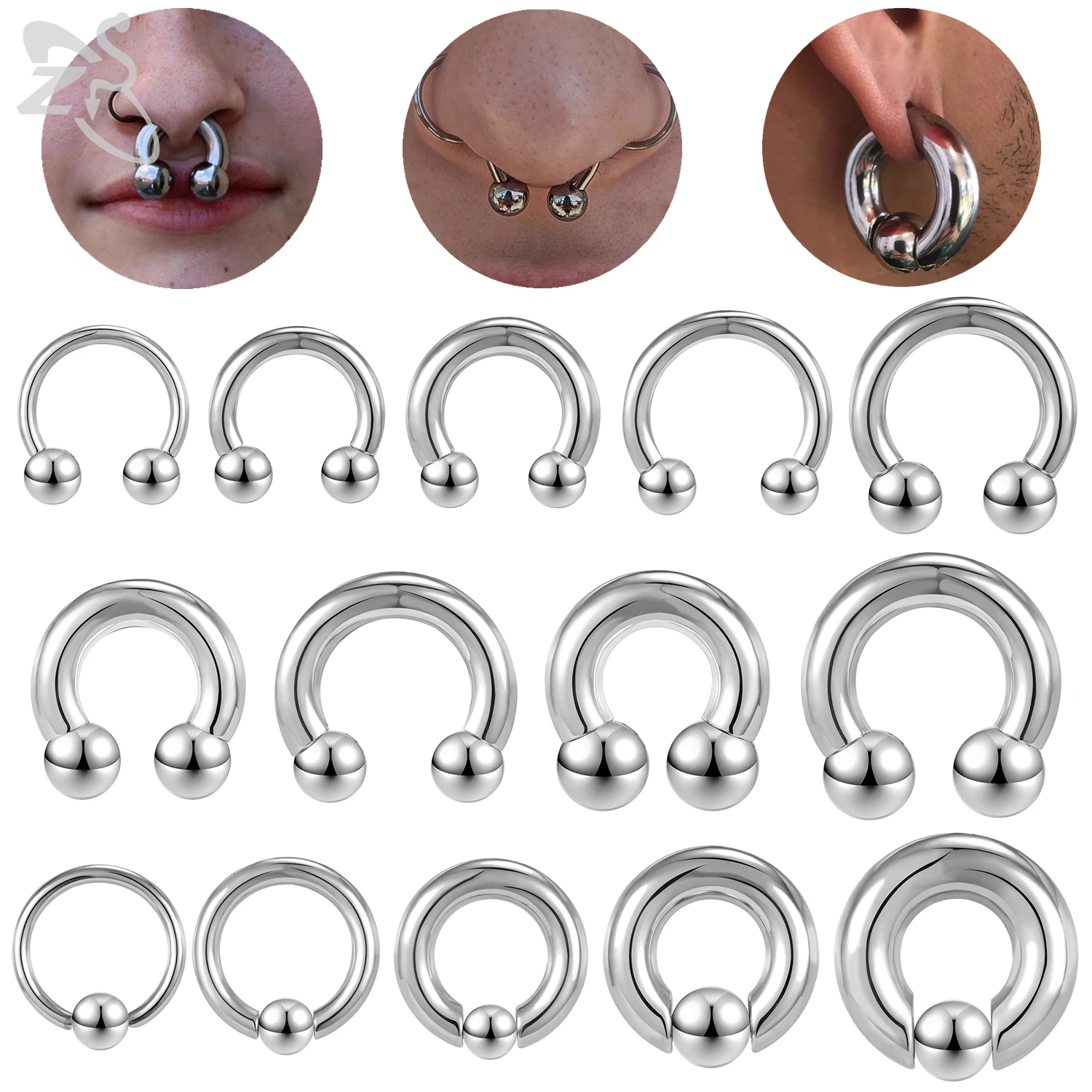 ZS 1 Piece 2/4/6/8G Stainelss Steel Horseshoe Nose Ring Men Internal Threaded Large Gauge Piercings