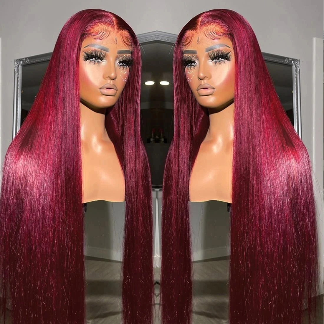 99J Red Lace Front Human Hair Wigs Colored Straight Burgundy 13X6 Transparent Lace Frontal Closure