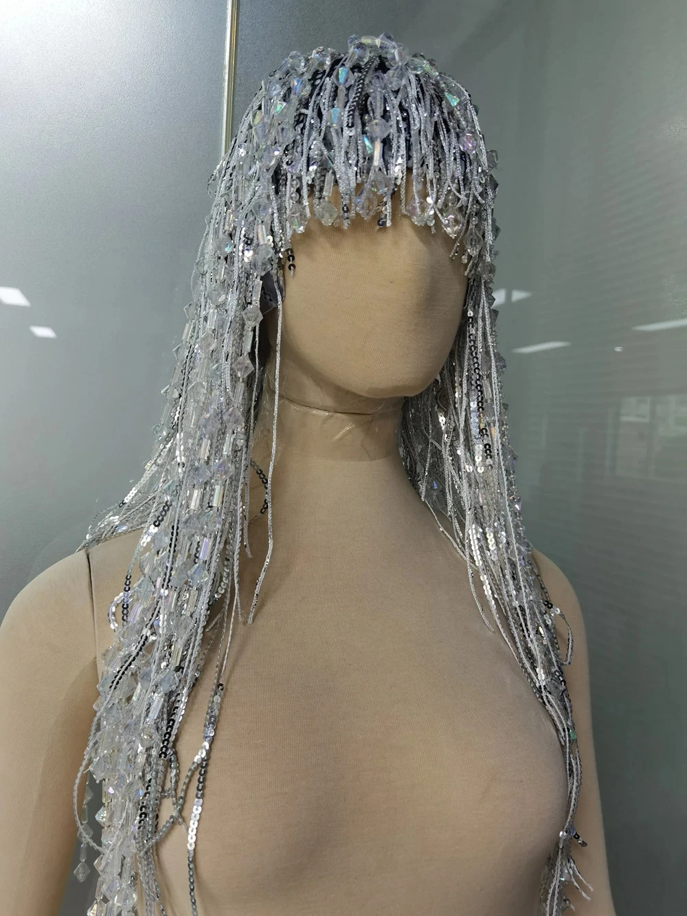 Frauen Geburtstag Party Strass Fransen Headwear Designer Silber Pailletten Kristall Quaste Perücken