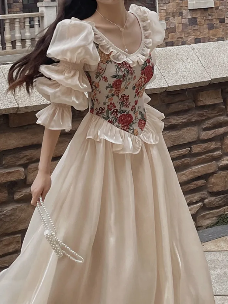 Vintage Elegant Print Floral Dress Women 2023 Autumn O-neck Casual Evening Party Midi Dress Female