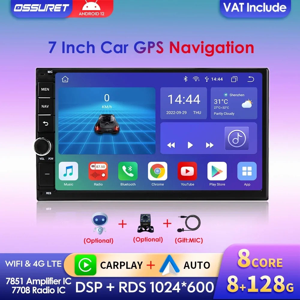 OSSURET Universal Android 12 4G 64G 7'' 2 Din Auto Multimedia Player mit BT GPS DSP für Toyota Verso