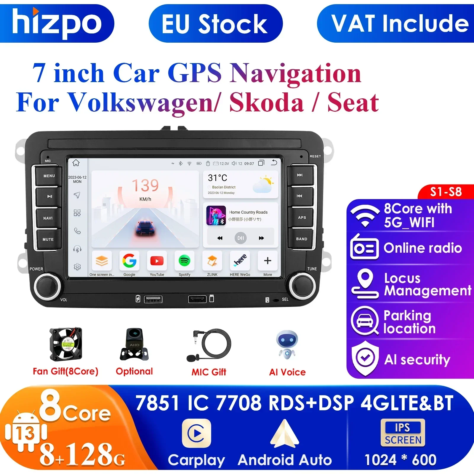 Octa Core 8g RAM 128g ROM DSP 2 Din Android Autoradio GPS für VW / Volkswagen Skoda Octavia Golf 5 6