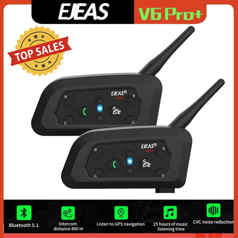 EJEAS V6 PRO+ Bluetooth-Motorradhelm-Intercom-Headset mit 1200 m BT-Interphone-Kommunikator für 6