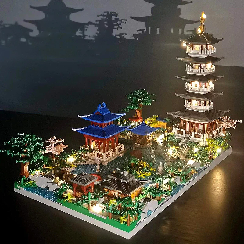 Chinesische Architektur Micro Bausteine Modell Turm Westsee Bäume DIY Diamant Ziegel mit Licht