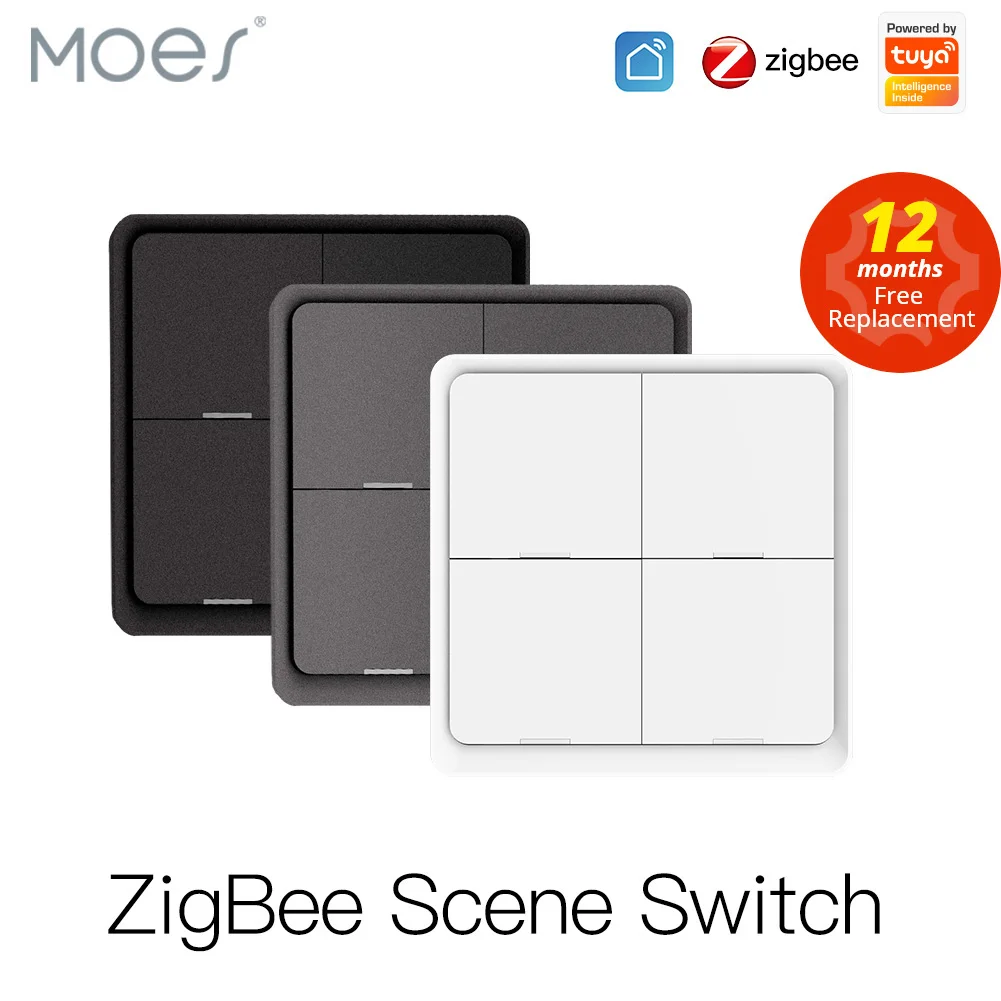 MOES 4 Gang Tuya ZigBee Wireless 12 Scene Switch Push Button Controller Battery Powered Automation