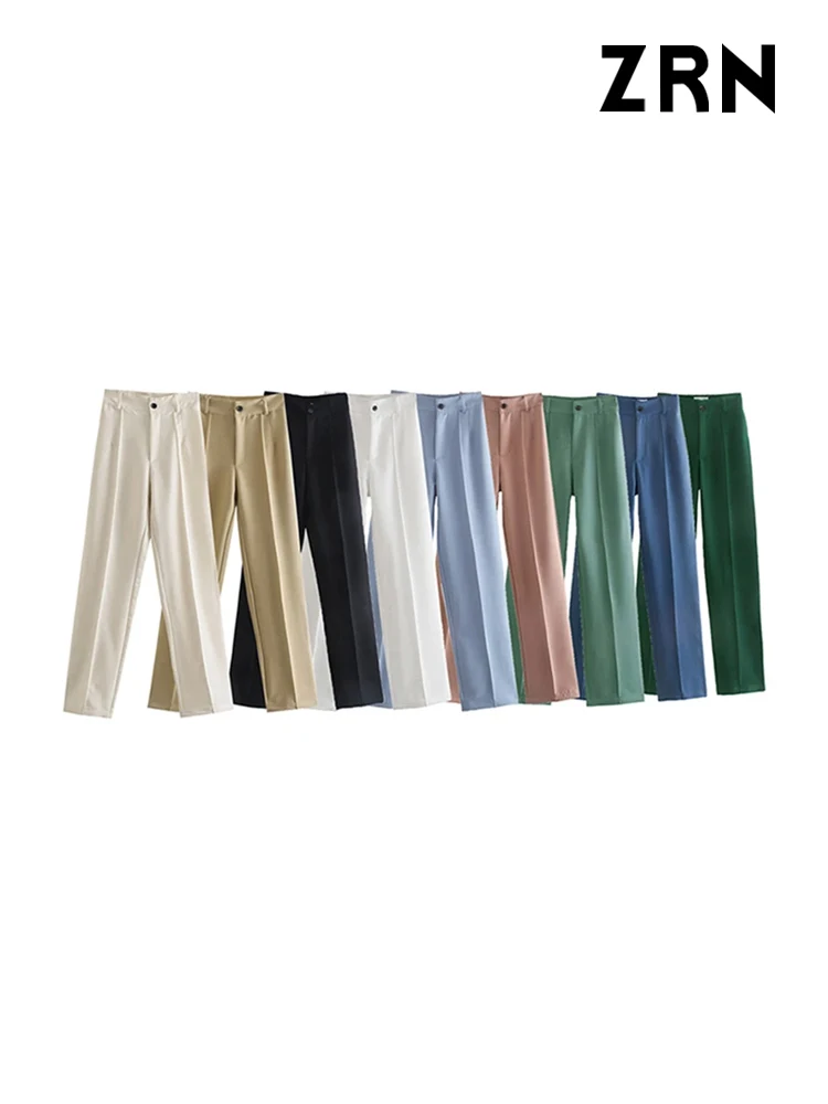 ZRN Women Chic Fashion Office Wear Straight Pants Vintage High Waist Zipper Fly Female Trousers