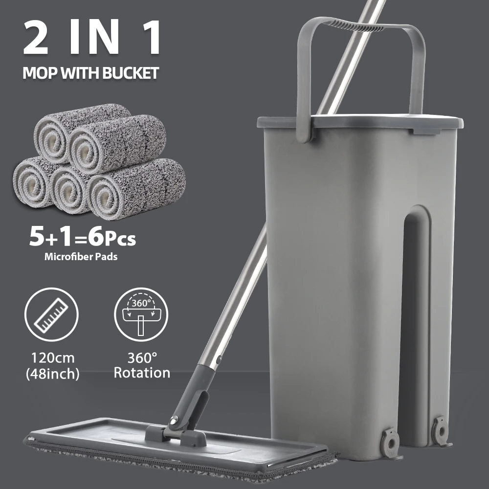 Hand Free Flat Floor Mop And Bucket Set For Professional Home Floor Cleaning System With Washable