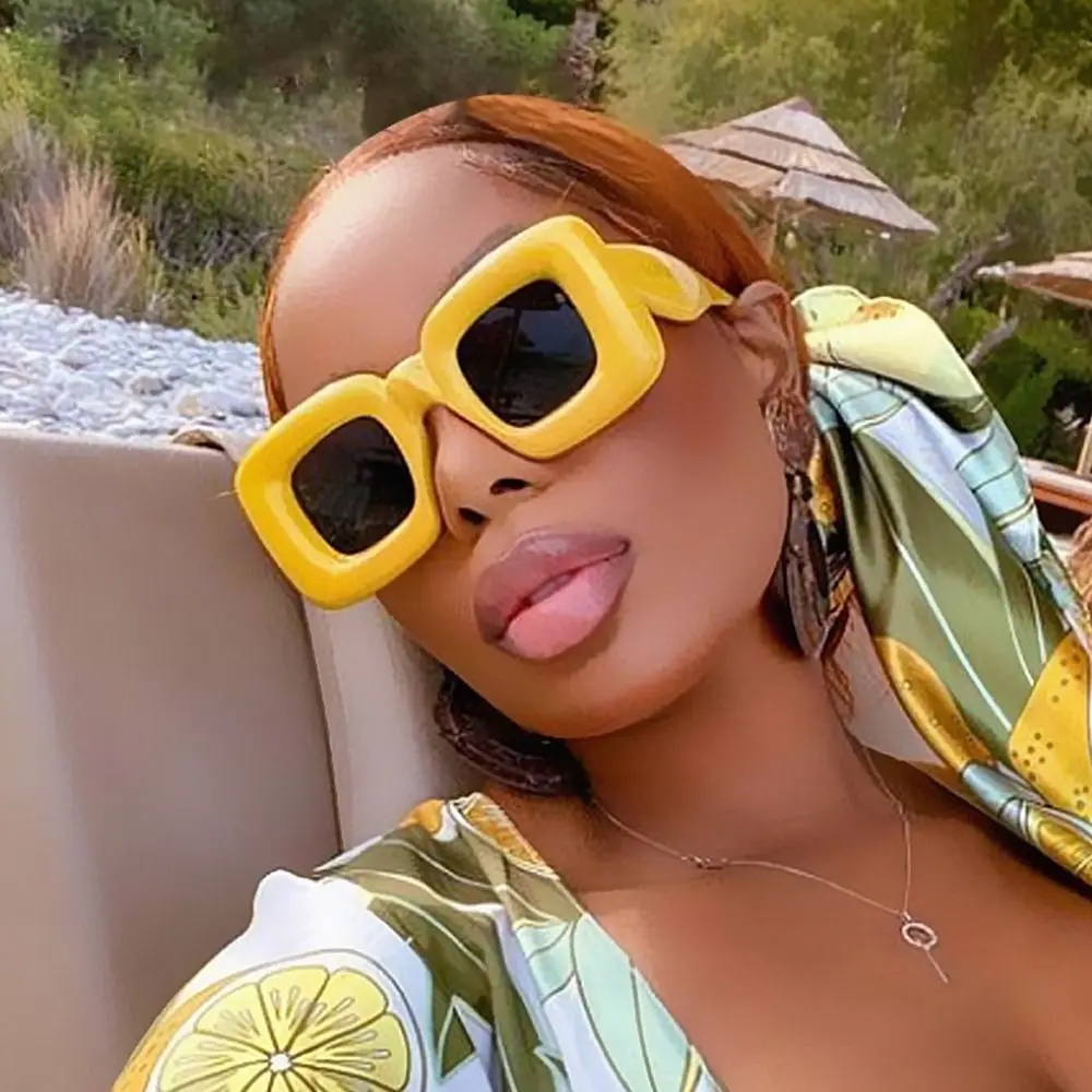Retro Y2K Square Candy Color Women Sunglasses UV400 Inflated Frame Brand Designer Men Red Yellow