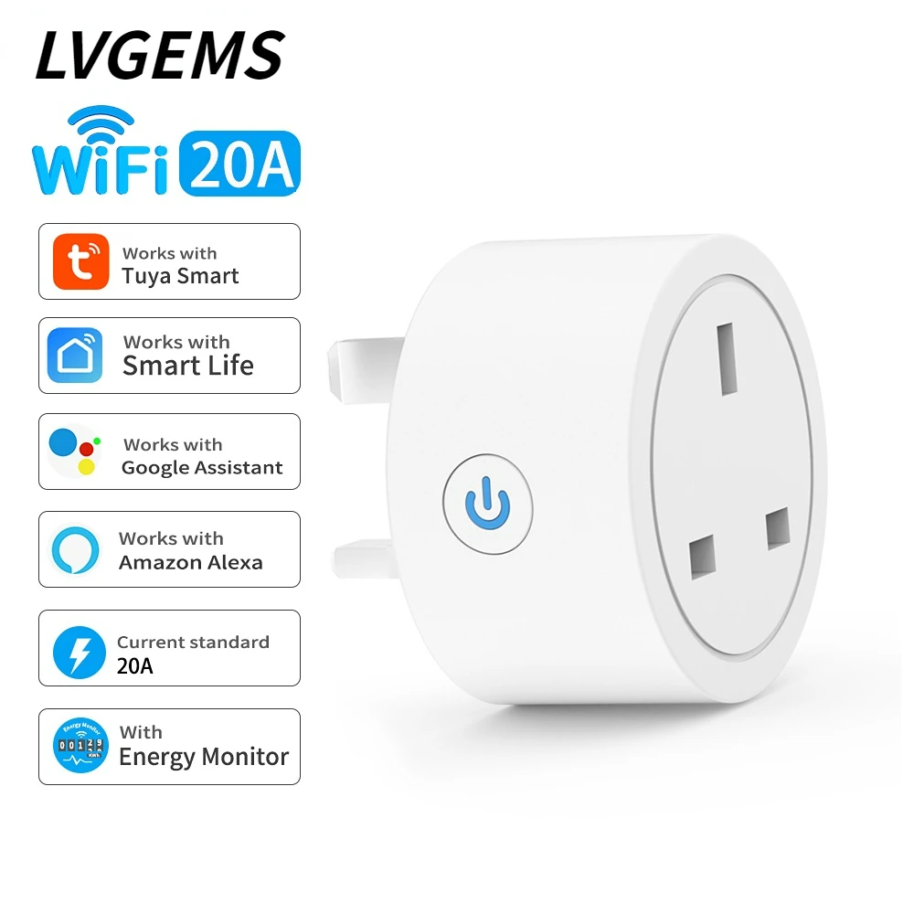 20A Tuya Smart Socket WiFi UK Plug 3pin Adapter Home Alexa Voice Control With Energy Monitering