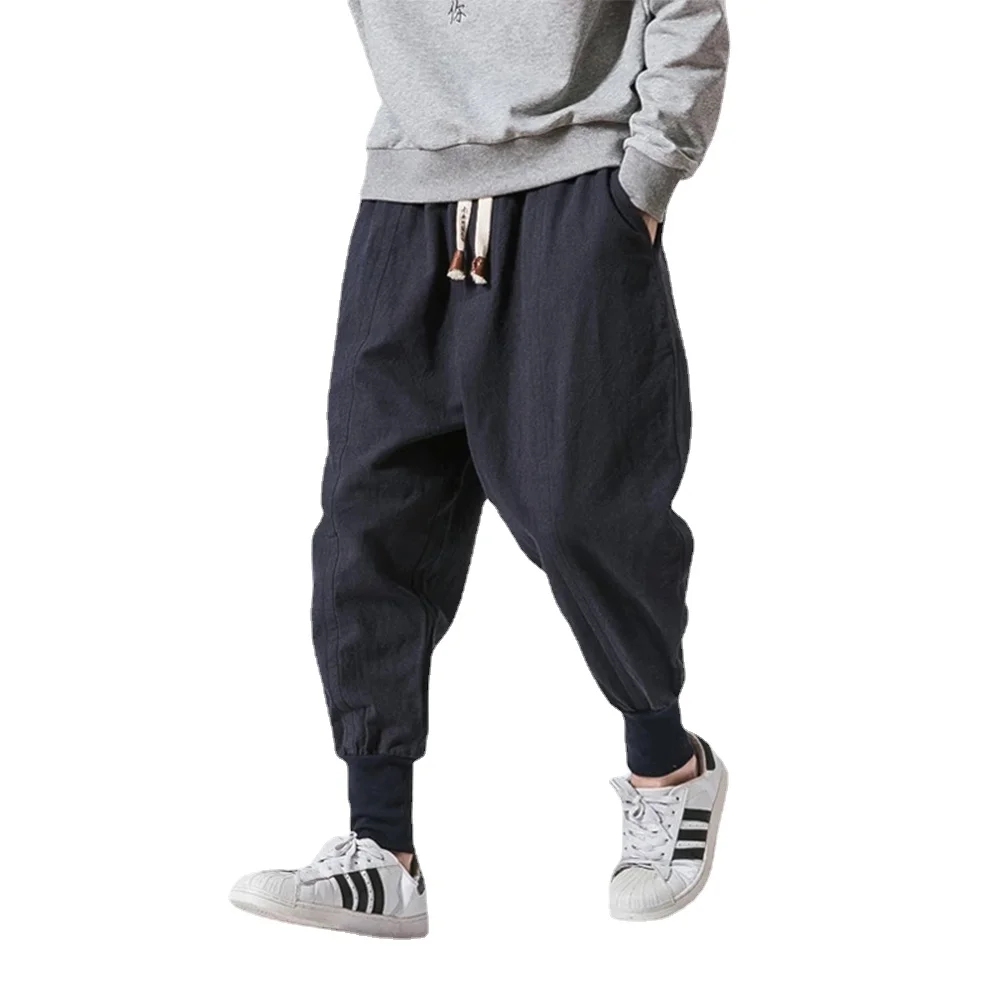 Cotton Linen Harem Pants Men Solid Elastic Waist Streetwear Joggers New Baggy Drop-crotch Pants