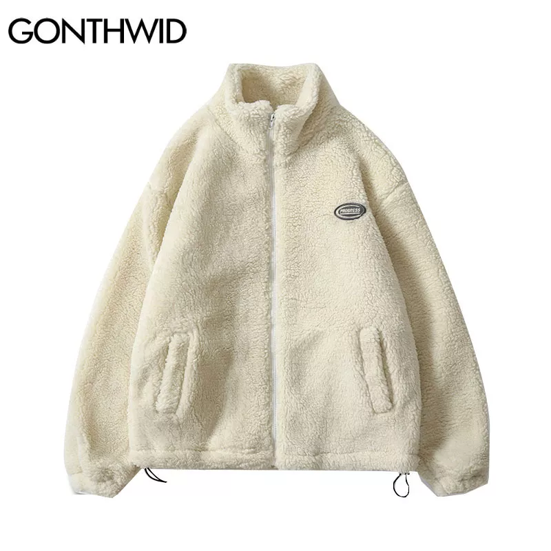 Hip Hop Winter Fleece Fluffy Jacket Streetwear Harajuku Fuzzy Zipper Coat Men Autumn Solid Color