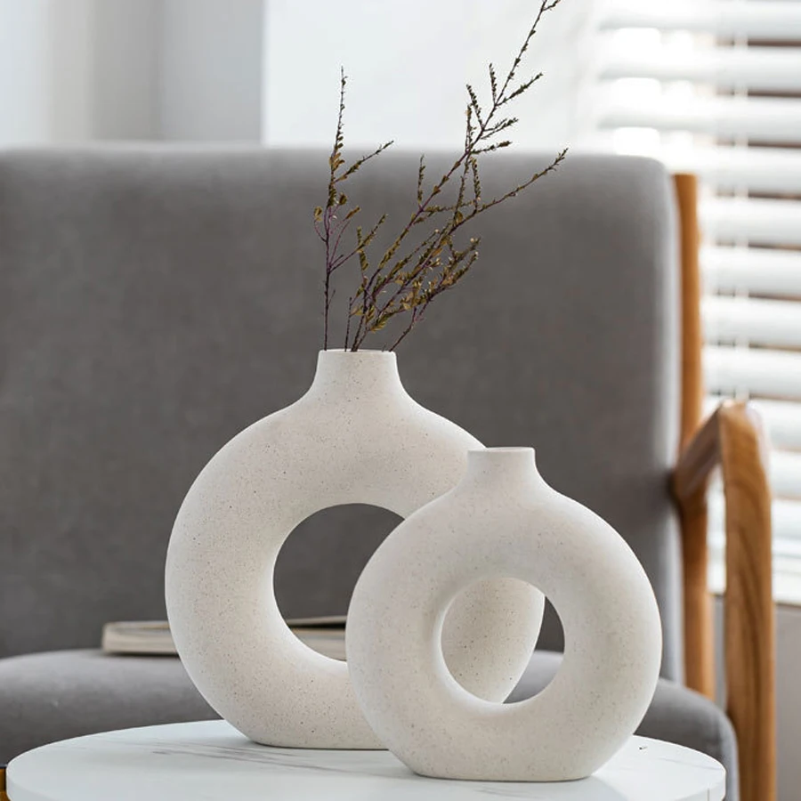 Nordic Vase Circular Hollow Ceramic Donuts Flower Pot Home Living Room Decoration Accessories